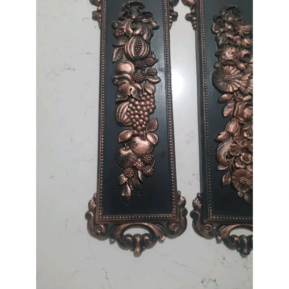 Syroco Wall Plaques Vintage 1970 MCM 2 Black - Bronze Flowers & Fruits 7221 7222
